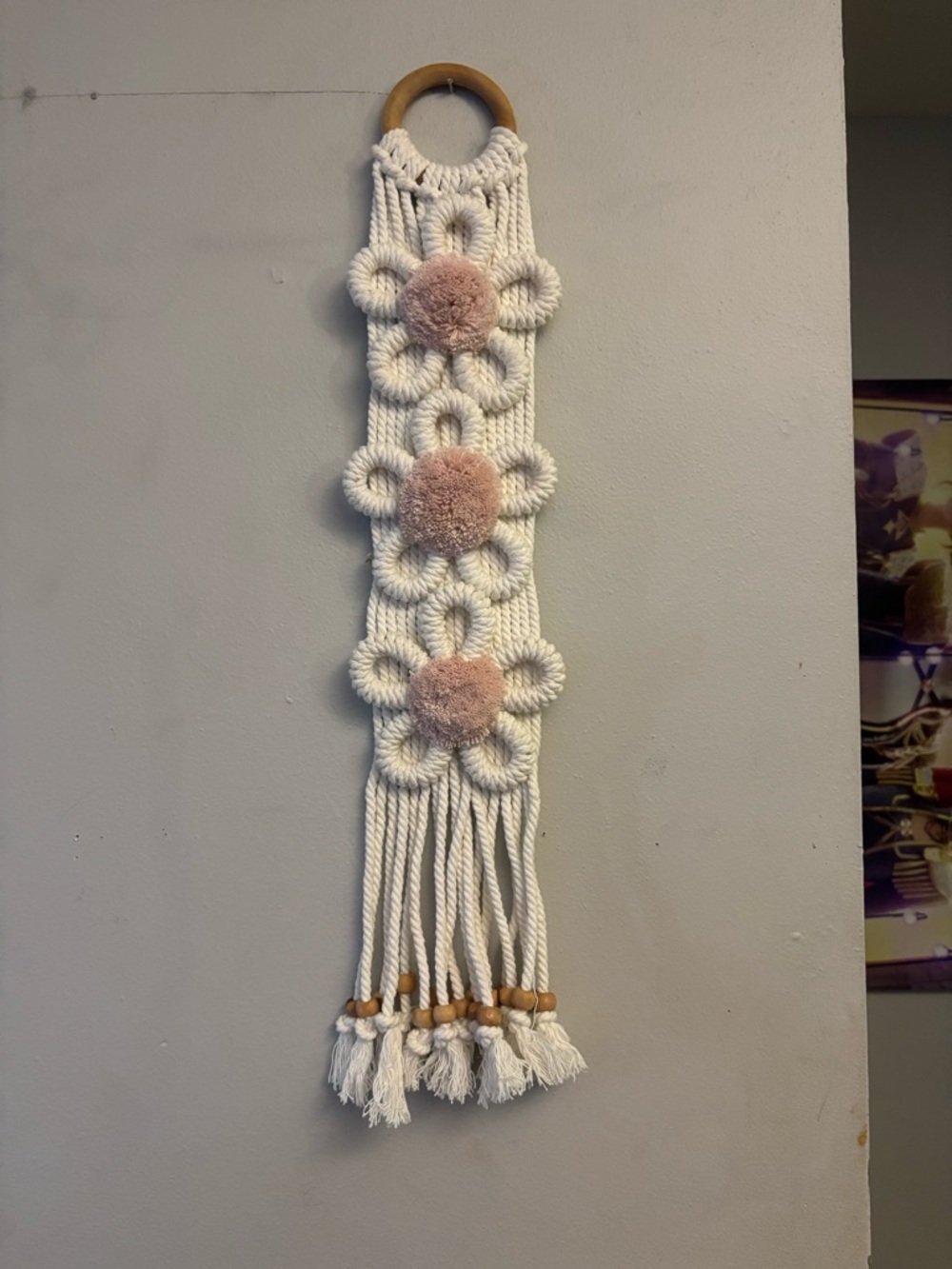 Handmade Macramé Wall Hanging with Pink Pom Flowers